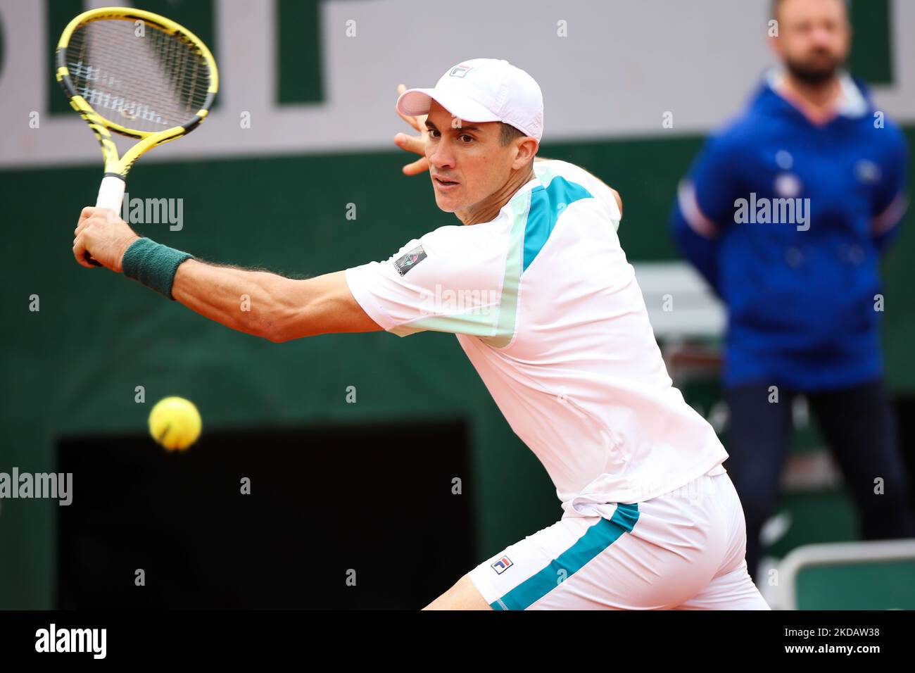 Facundo Bagnis during his match against Daniil Medvedev on Suzanne Lenglen court in the 2022 French Open finals day three. (Photo by Ibrahim Ezzat/NurPhoto) Stock Photo