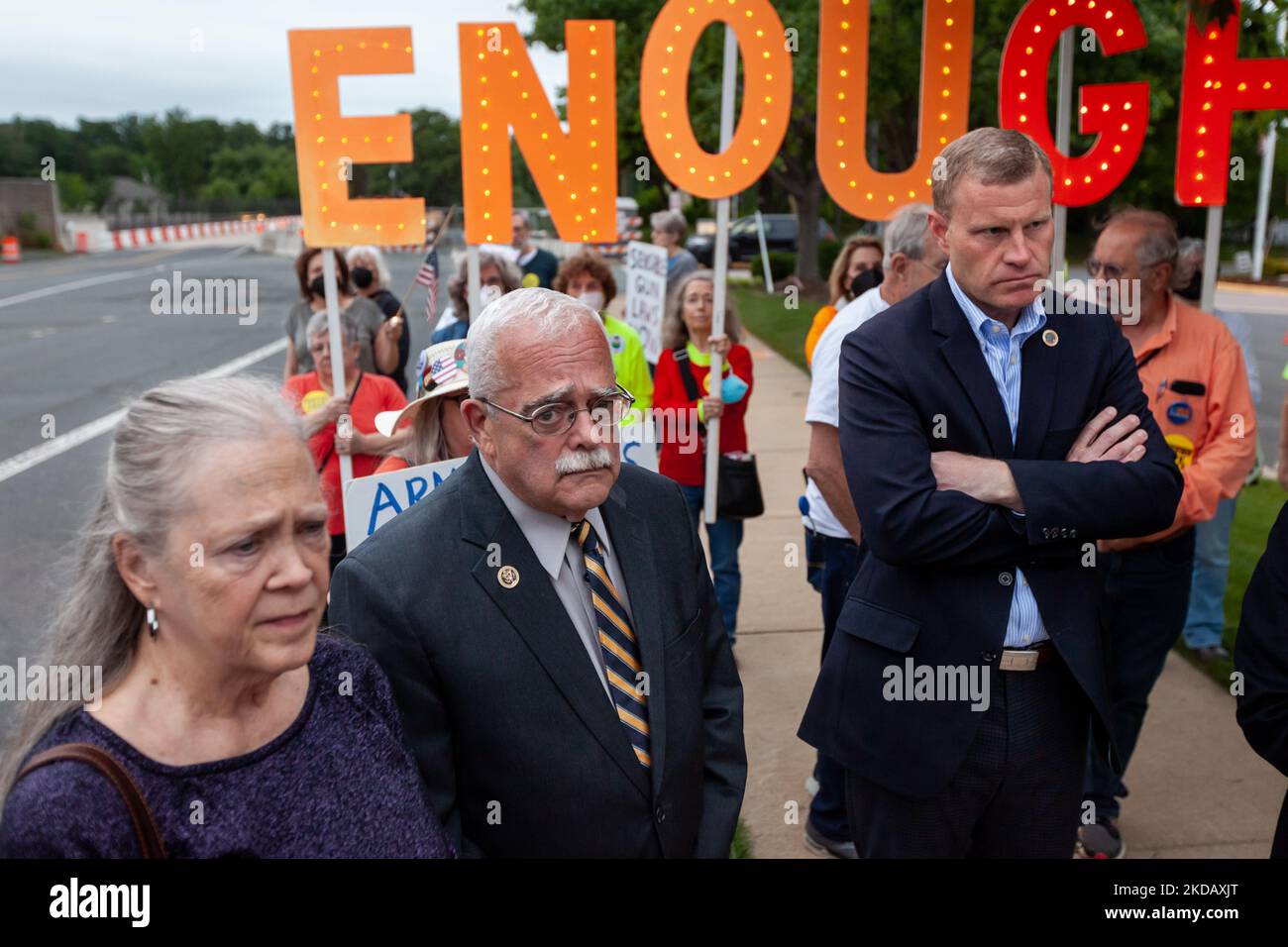 Congressman Gerry Connolly (D-VA) (center) attends a candlelight vigil in Fairfax, VA, for the victims of the Uvalde and Buffalo massacres, May 25, 2022. On May 24, a gunman entered Robb Elementary school and killed 19 students and 2 teachers in the worst school shooting since Sandy Hook in 2012. Despite hundreds of mass shootings and thousands of gun-related deaths each year, Congress and the courts refuse to take action to stem the violence. (Photo by Allison Bailey/NurPhoto) Stock Photo