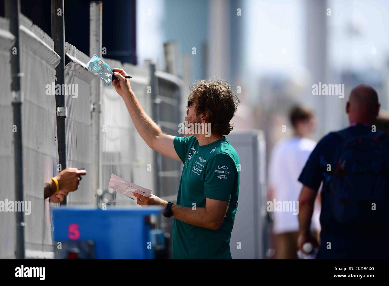 Sebastian Vettel of Aston Martin Cognizant F1 Team arrive into the circuit before free practice of Monaco Grand Prix in Monaco City Circuit in Monaco-Ville, Monaco, France, 27 May 2022 (Photo by Andrea Diodato/NurPhoto) Stock Photo