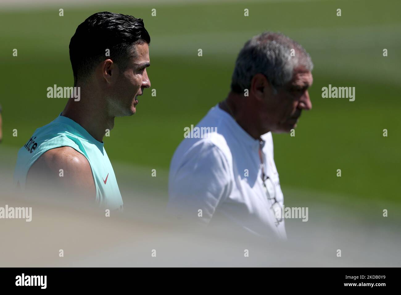 Portugal's forward Cristiano Ronaldo (L) and head coach Fernando Santos attend a training session at Cidade do Futebol training camp in Oeiras, Portugal, on May 27, 2022. Portugal's football team prepares the upcoming UEFA Nations League matches against Spain, Switzerland and Czech Republic in June. (Photo by Pedro FiÃºza/NurPhoto) Stock Photo