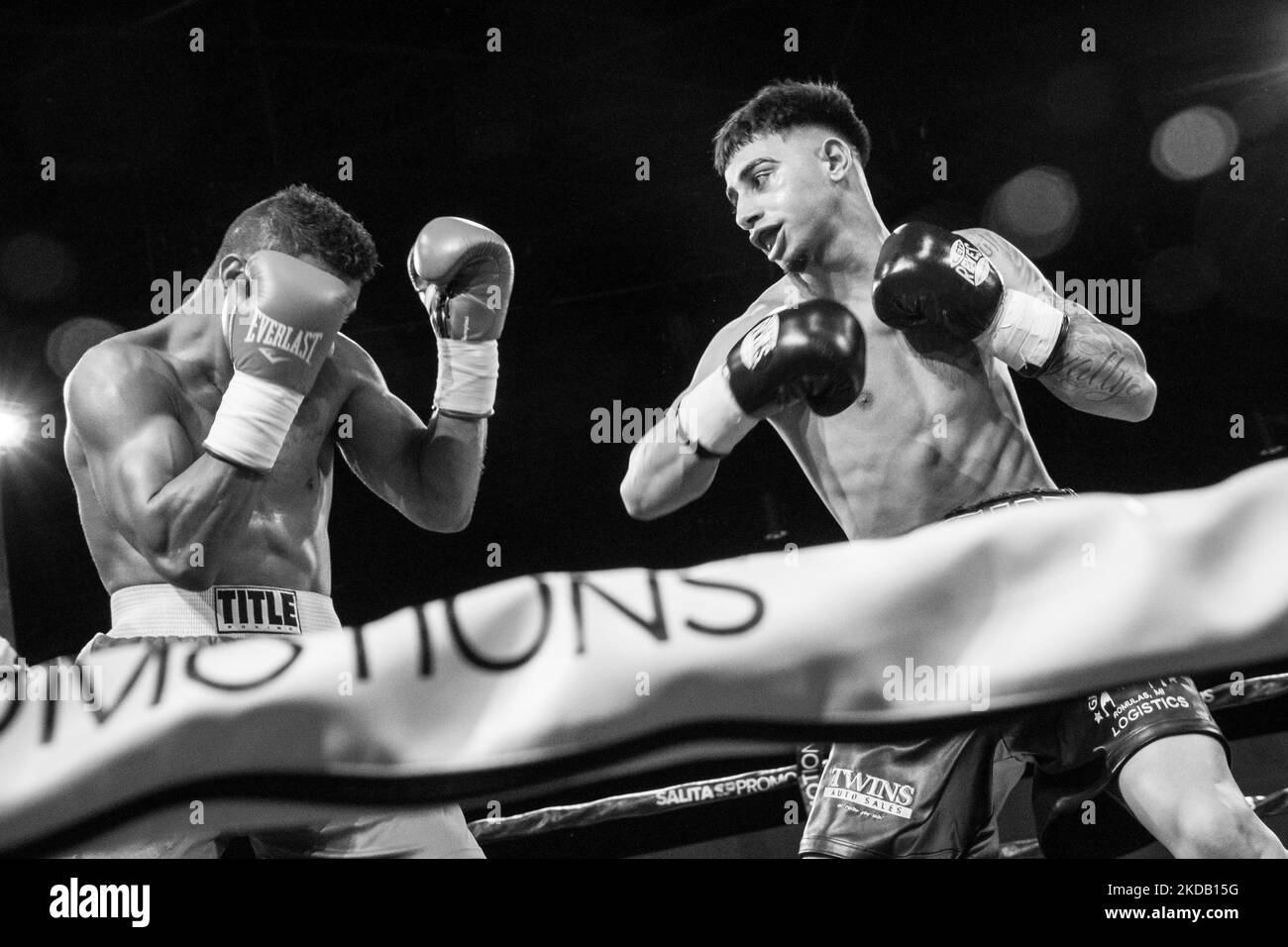 Super welterweight Husam Al Mashhadi (3-0, 3 KOs; Dearborn, MI) defeated Milton Banks (Conroe, TX) in his pro debut by way of TKO at the 1:26 minute mark of the first round on 26 May 2022 at Salita Promotions’ Detroit Brawl professional boxing event in Dearborn, Michigan. (Photo by Adam J. Dewey/NurPhoto) Stock Photo