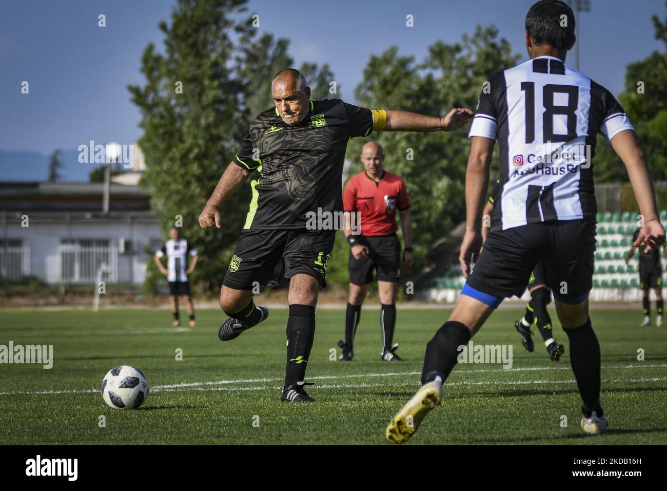 Former Bulgarian Prime Minister Boyko Borisov won Bulgarian football cup for veterans for sixth time. Boyko Borisov scored forth goal for the win with 4:2 against Lokomotiv Plovdiv. Borisov on 26 May, 2022 in Sofia, Bulgaria. Borisov plays with number 13 as a striker for amateur team of Vitosha Bistritsa and In 2013 became the oldest footballer to appear for a Bulgarian professional club when, aged 54. (Photo by Georgi Paleykov/NurPhoto) Stock Photo
