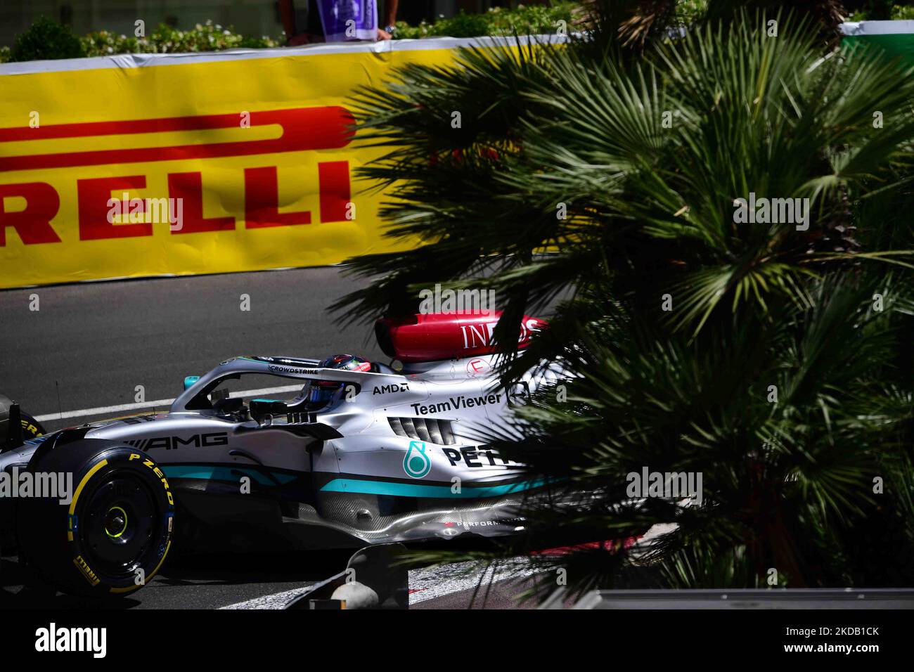 George Russel of Mercedes-AMG Petronas drive his single-seater during free practice of Monaco Grand Prix in Monaco City Circuit in Monaco-Ville, Monaco, France, 27 May 2022 (Photo by Andrea Diodato/NurPhoto) Stock Photo