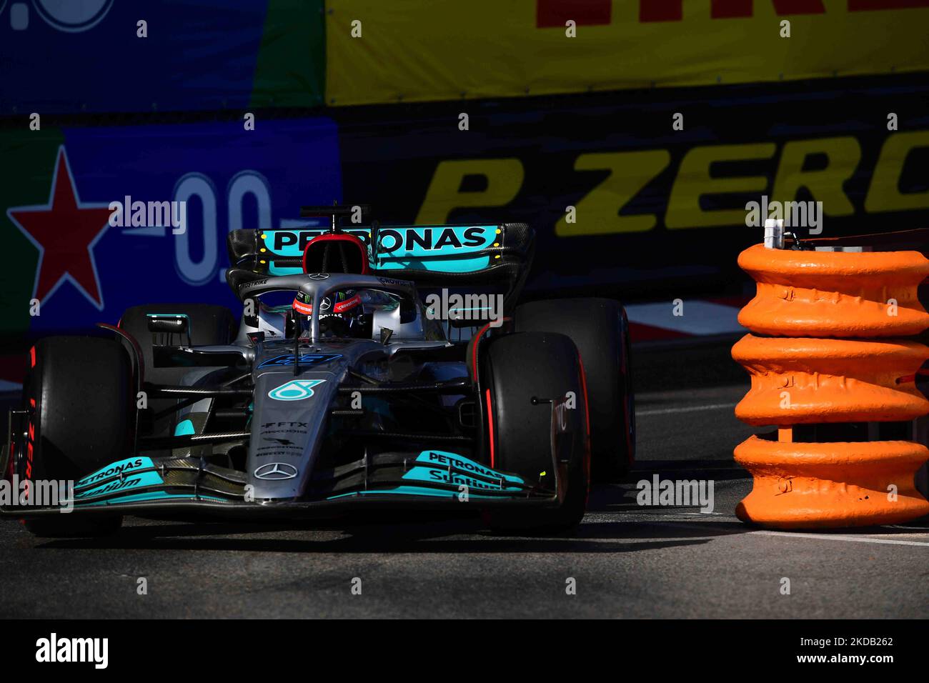 George Russel of Mercedes-AMG Petronas drive his single-seater during free practice of Monaco Grand Prix in Monaco City Circuit in Monaco-Ville, Monaco, France, 27 May 2022 (Photo by Andrea Diodato/NurPhoto) Stock Photo