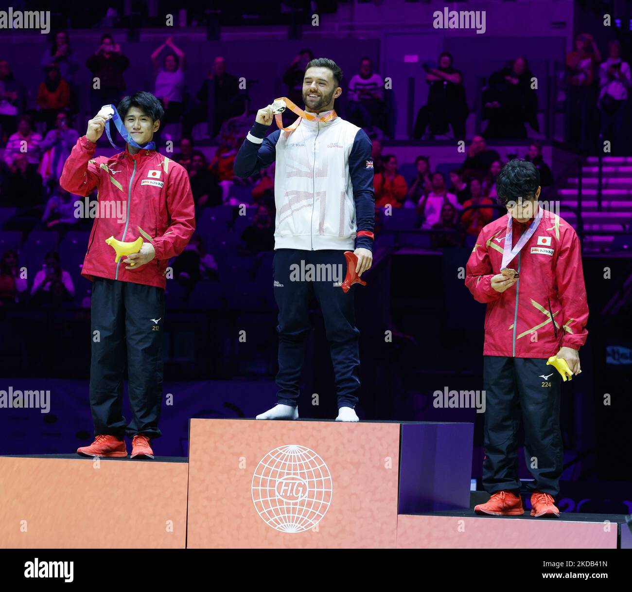 5th November 2022,  M&amp;S Bank Arena, Liverpool, England; 2022 World Artistic Gymnastics Championships Finals; Men's men's floor Final gold medallist -   Giarnni Regini-Moran (GBR) (centre), silver medallist -  Daiki Hashimoto (JAP) (left), bronze medallist -   Ryosuke Doi (JAP) (right) Stock Photo