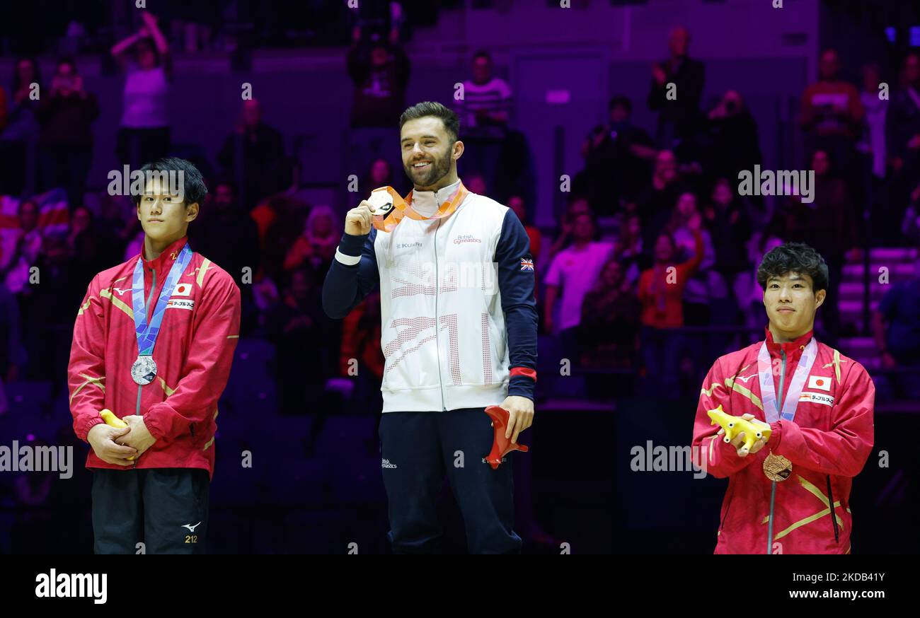 5th November 2022,  M&amp;S Bank Arena, Liverpool, England; 2022 World Artistic Gymnastics Championships Finals; Men's men's floor Final gold medallist -   Giarnni Regini-Moran (GBR) (centre), silver medallist -  Daiki Hashimoto (JAP) (left), bronze medallist -   Ryosuke Doi (JAP) (right) Stock Photo