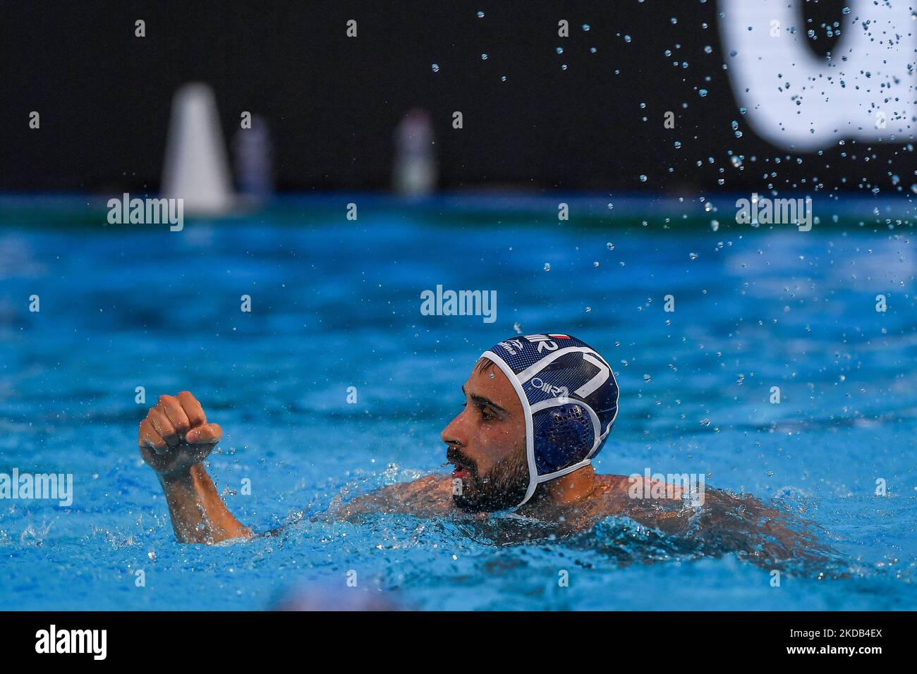 Vincenzo Renzuto Iodice (AN Brescia) celebrates after scoring a goal during the Waterpolo Italian Serie A match Final 1st / 2nd place - race 3 - Pro Recco vs AN Brescia on May 28, 2022 at the Sant'Anna in Recco, Italy (Photo by Danilo Vigo/LiveMedia/NurPhoto) Stock Photo