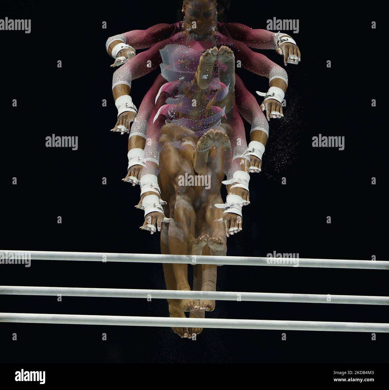 5th November 2022,  M&amp;S Bank Arena, Liverpool, England; 2022 World Artistic Gymnastics Championships Finals; Women's Individual All-Around Final Uneven Bars - Shilese Jones (USA) multiple exposure Stock Photo