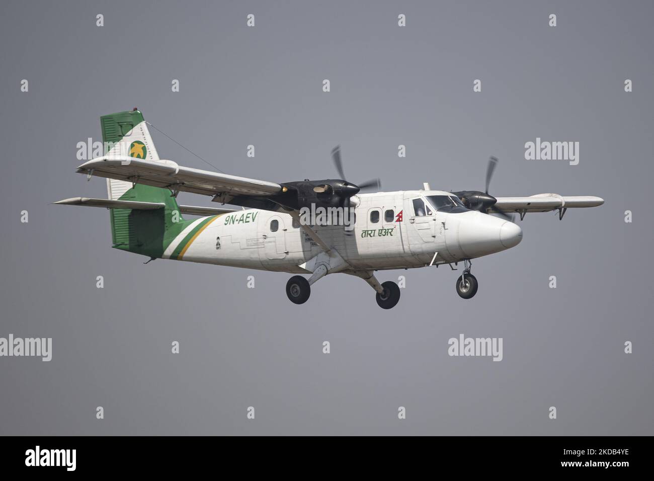 A Tara Air airline De Havilland Canada DHC-6-300 Twin Otter aircraft as seen flying and landing at Tribhuvan International Airport KTM in Kathmandu. The airplane has the registration 9N-AEV. Tara Air Pvt. Ltd. is an airline headquartered in Kathmandu, a subsidiary of Yeti Airlines operating scheduled flights and air charter services with a fleet of Short Takeoff and landing planes, serving remote mountainous airports and airstrips. Forbes rated Tara Air as one of the 'most unsafe airlines' in 2019 due to several significant incidents. On May 29, 2022 a plane carrying 22 passenger and crew went Stock Photo