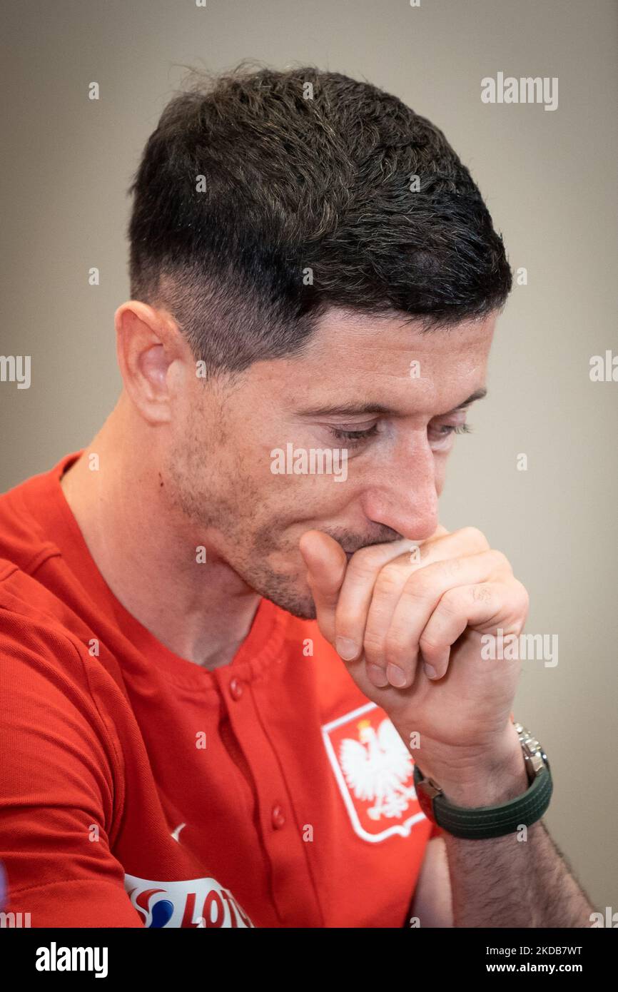 Robert Lewandowski during the press conference of the Polish national football team, at DoubleTree by Hilton in Warsaw, Poland on May 30, 2022 (Photo by Mateusz Wlodarczyk/NurPhoto) Stock Photo