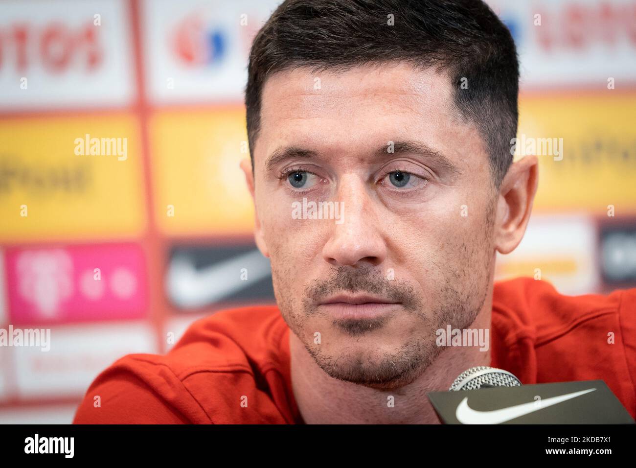 Robert Lewandowski during the press conference of the Polish national football team, at DoubleTree by Hilton in Warsaw, Poland on May 30, 2022 (Photo by Mateusz Wlodarczyk/NurPhoto) Stock Photo