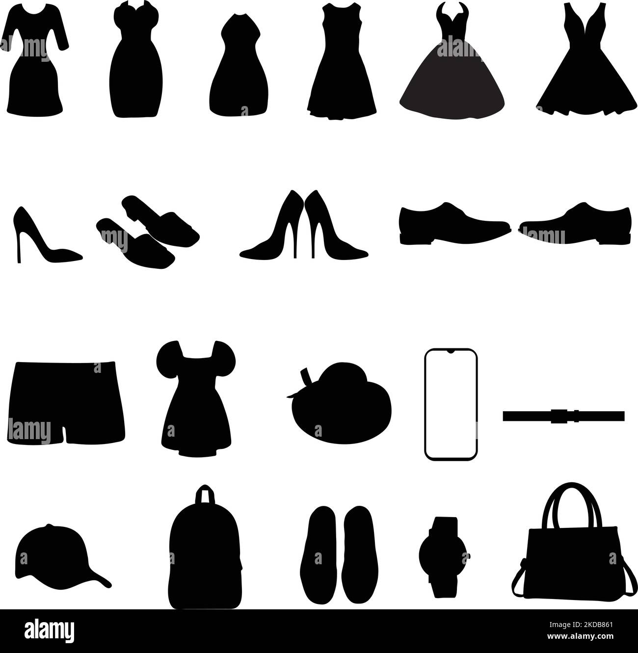 The dresses, shoes and accessories vector illustration against the white background Stock Vector