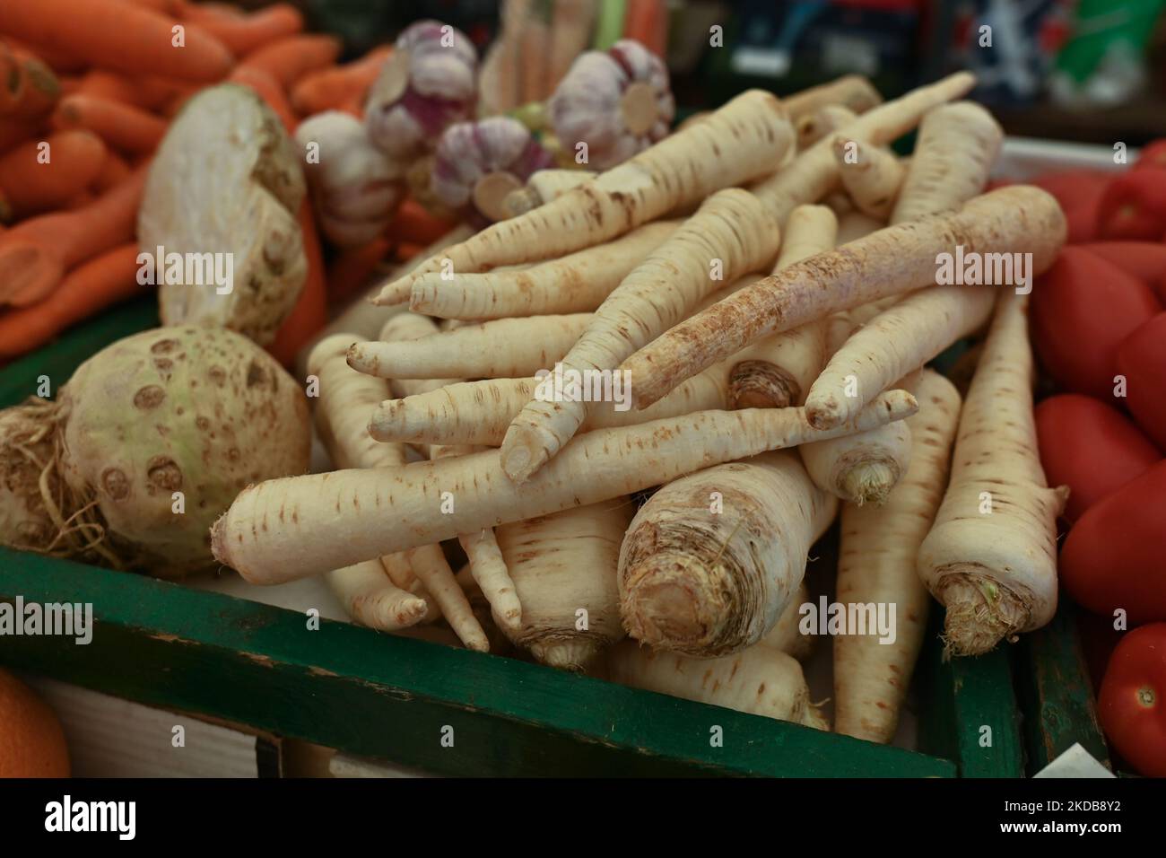 A stall with parsley roots and turnips for sale at the traditional Nowy