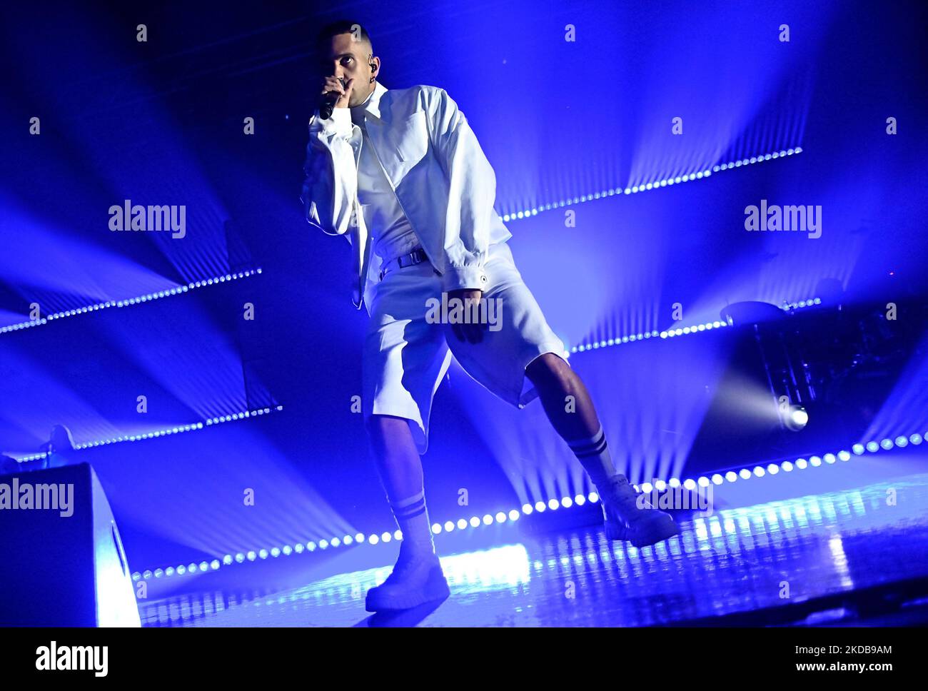 Mahmood singing on stage during the Italian singer Music Concert Mahmood - Ghettolimpo Tour 2022 on May 30, 2022 at the Alcatraz in Milan, Italy (Photo by Samantha Palazzini/LiveMedia/NurPhoto) Stock Photo