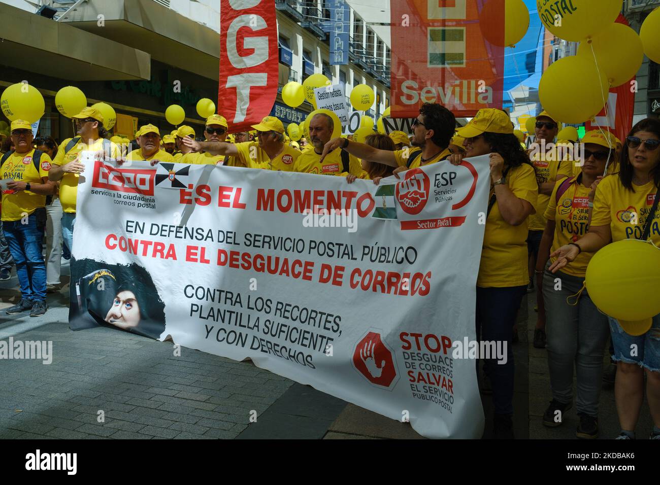 Protest of a rally of majority unions in Correos, on June 1, 2022, in Madrid, Spain. UGT and CCOO protest with the aim of avoiding what they consider to be a 'dismantling' of Correos and denounce 'the failure' to which they believe the business and labor management of the public company has led to. According to the unions, Correos is on the verge of 'technical bankruptcy', with more than 500 million euros in losses in three years, 400 million euros of structural deficit and loans for an amount of 1,000 million euros for the payment of payrolls. (Photo by Oscar Gonzalez/NurPhoto) Stock Photo