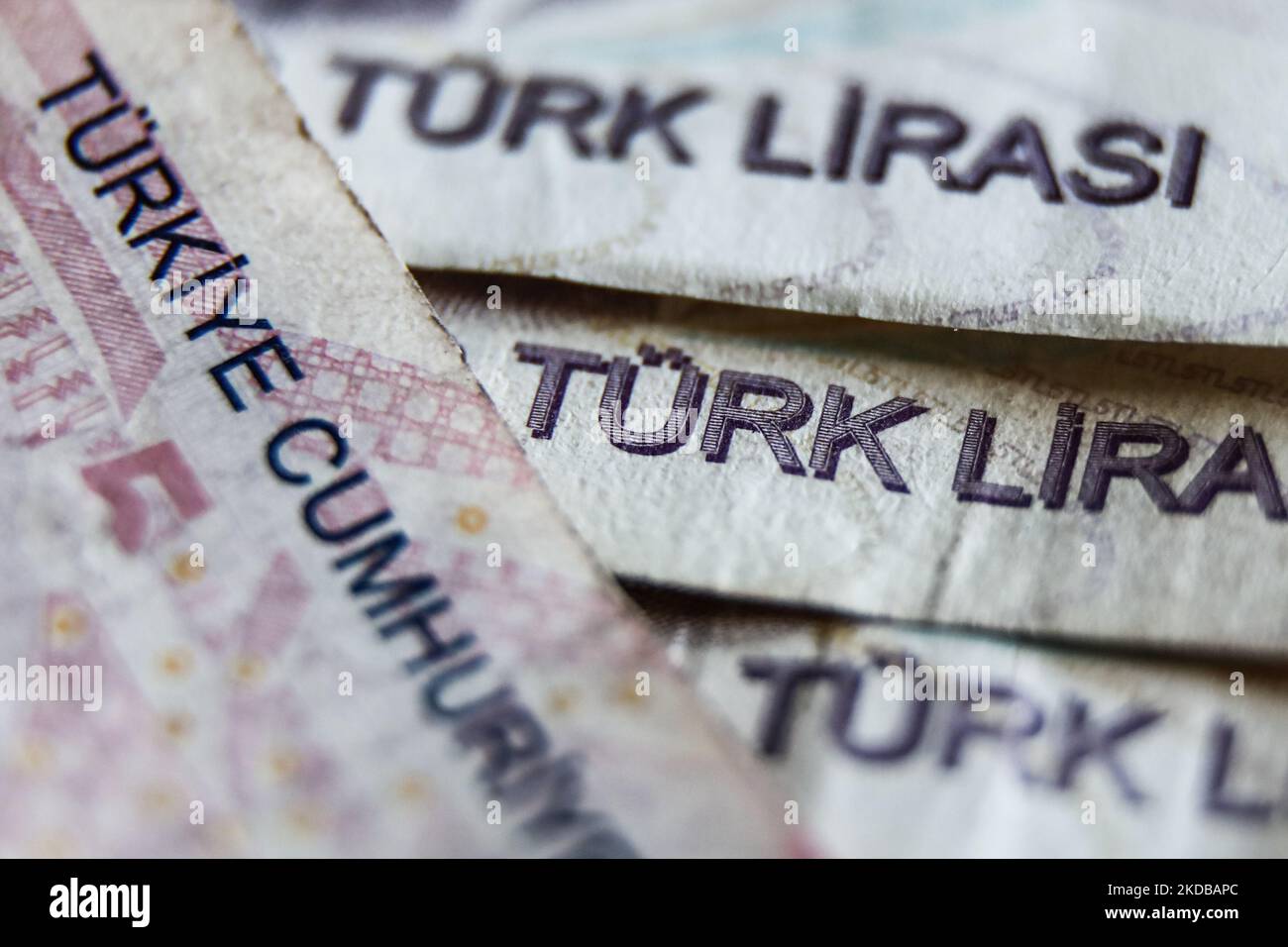 Turkish lira banknotes are seen in this illustration photo taken in Krakow, Poland on June 1, 2022. (Photo by Jakub Porzycki/NurPhoto) Stock Photo