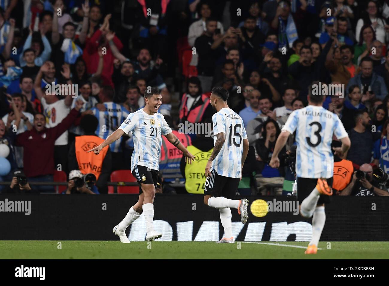 Paulo Dybala (Juventus) of Argentina celebrates after scoring his sides first goal during the Finalissima 2022 match between Argentina and Italy at Wembley Stadium on June 1, 2022 in London, England. (Photo by Jose Breton/Pics Action/NurPhoto) Stock Photo