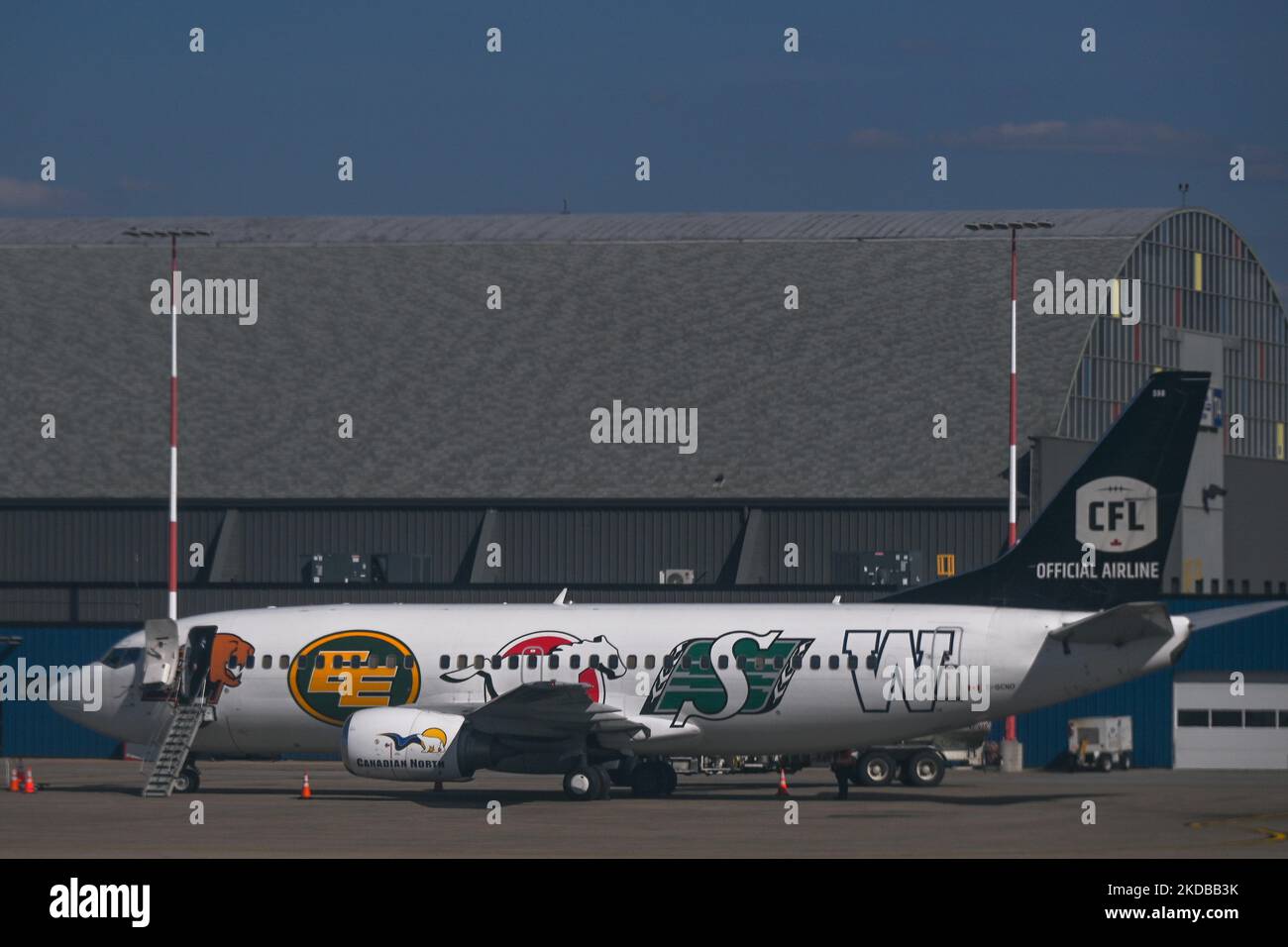 Canadian North plane with CFL clubs logos seen at Edmonton International Airport. On Sunday, May 22, 2022, in Edmonton International Airport, Edmonton, Alberta, Canada. (Photo by Artur Widak/NurPhoto) Stock Photo