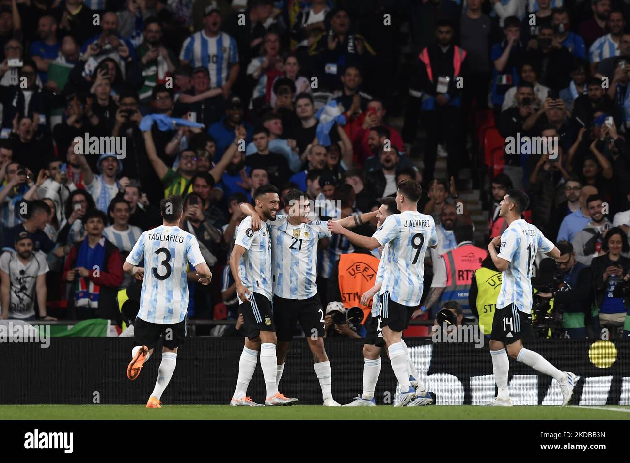 Paulo Dybala (Juventus) of Argentina celebrates after scoring his sides first goal during the Finalissima 2022 match between Argentina and Italy at Wembley Stadium on June 1, 2022 in London, England. (Photo by Jose Breton/Pics Action/NurPhoto) Stock Photo