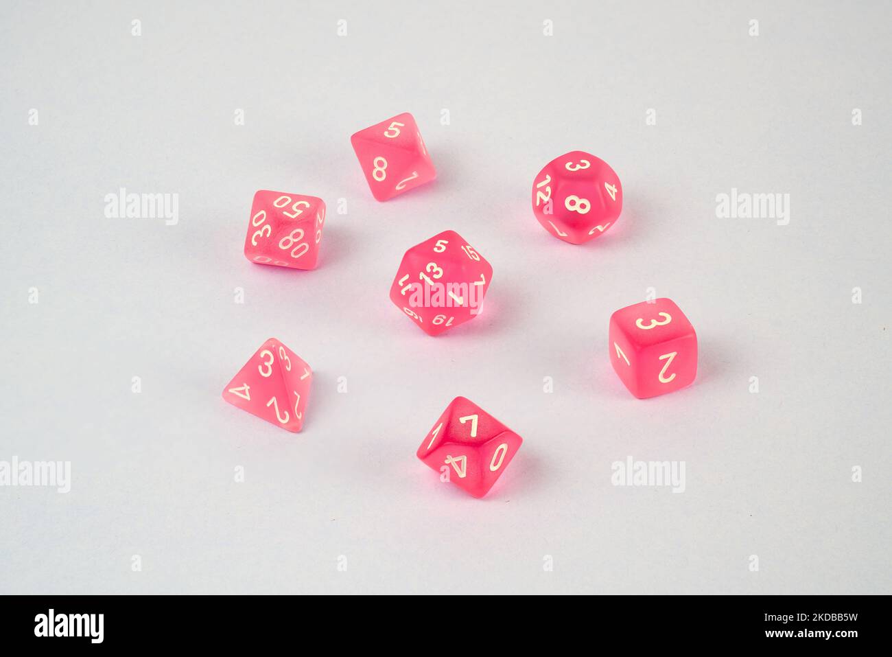 A standard set of 7 polyhedral dice used for tabletop role playing