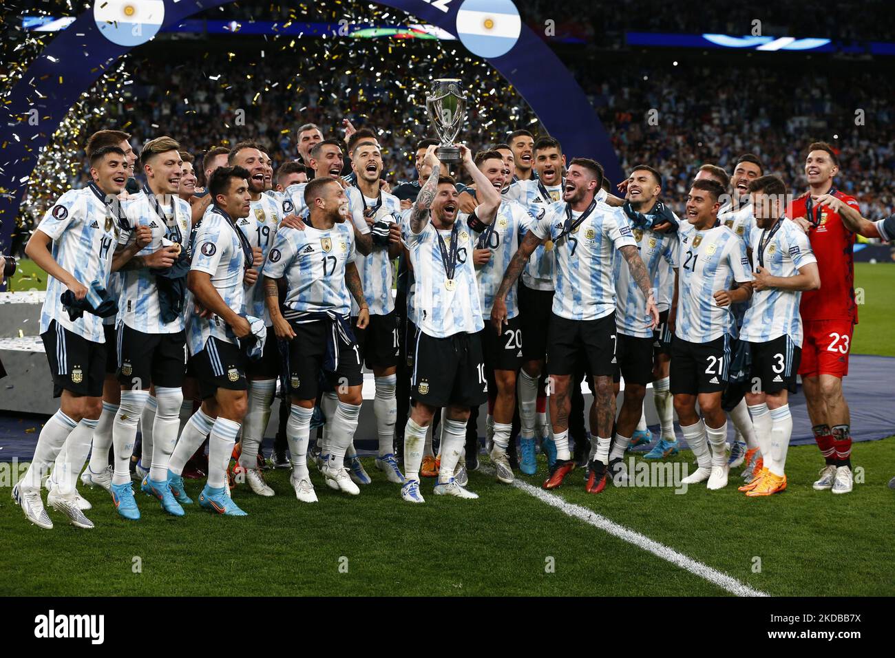 Lionel Messi of Argentina with Trophyduring Finalissima Conmebol UEFA Cup of Champions between
