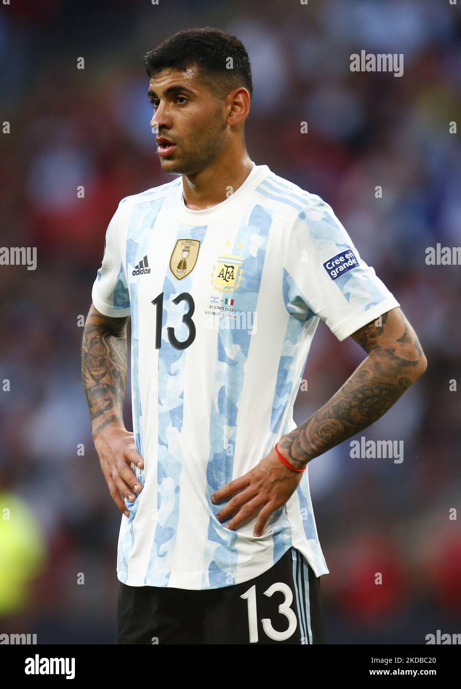 LONDON, ENGLAND - JUNE 01:Cristian Romero of Argentina during Finalissima Conmebol - UEFA Cup of Champions between Italy and Argentina at Wembley Stadium , London, UK 01st June, 2022 (Photo by Action Foto Sport/NurPhoto) Stock Photo
