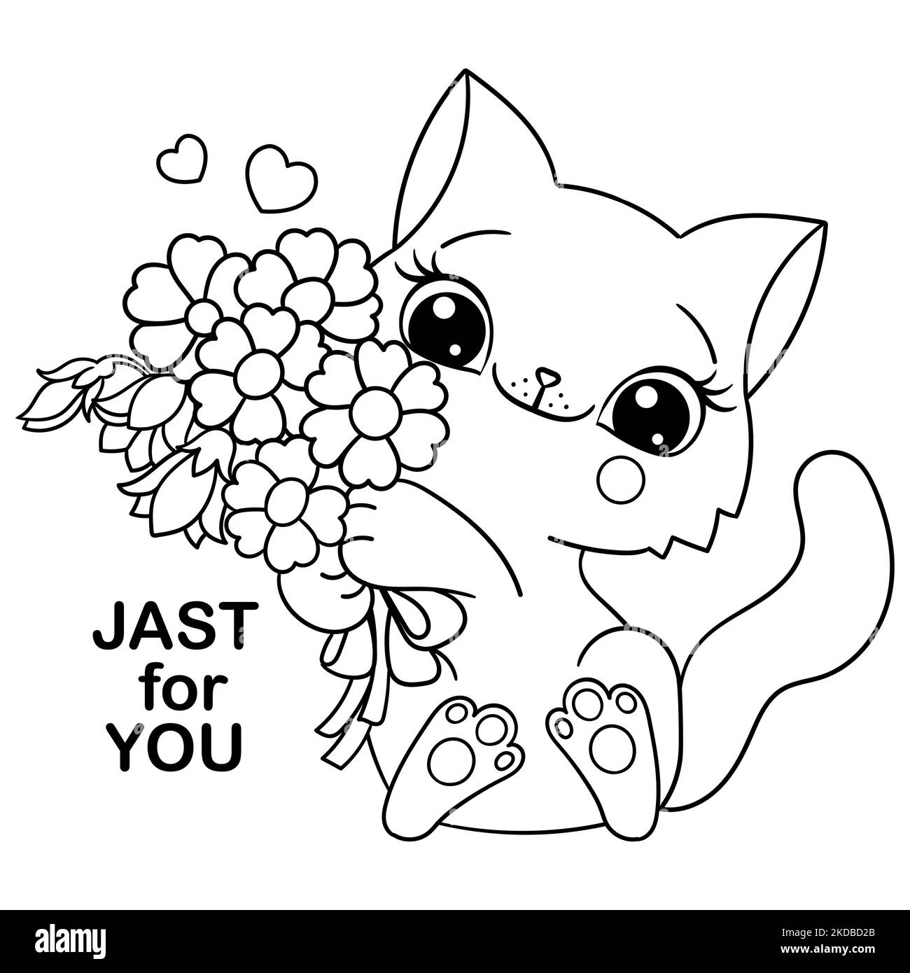 Kitten with flowers.Black and white linear illustration. Vector Stock Vector