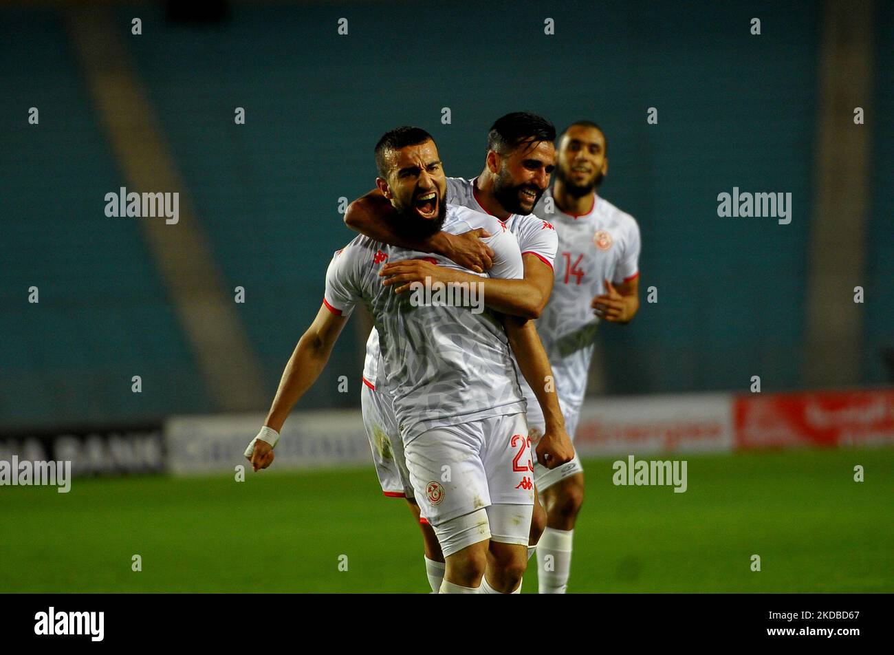 Naim Sliti of Tunisia celebrate during the African Cup of Nations qualifiers Group stage - match between Tunisia vs Equatorial Guinea at the Rades stadium in Tunis, Tunisia, 02 JUN 2022. (Photo by Yassine Mahjoub/NurPhoto) Stock Photo