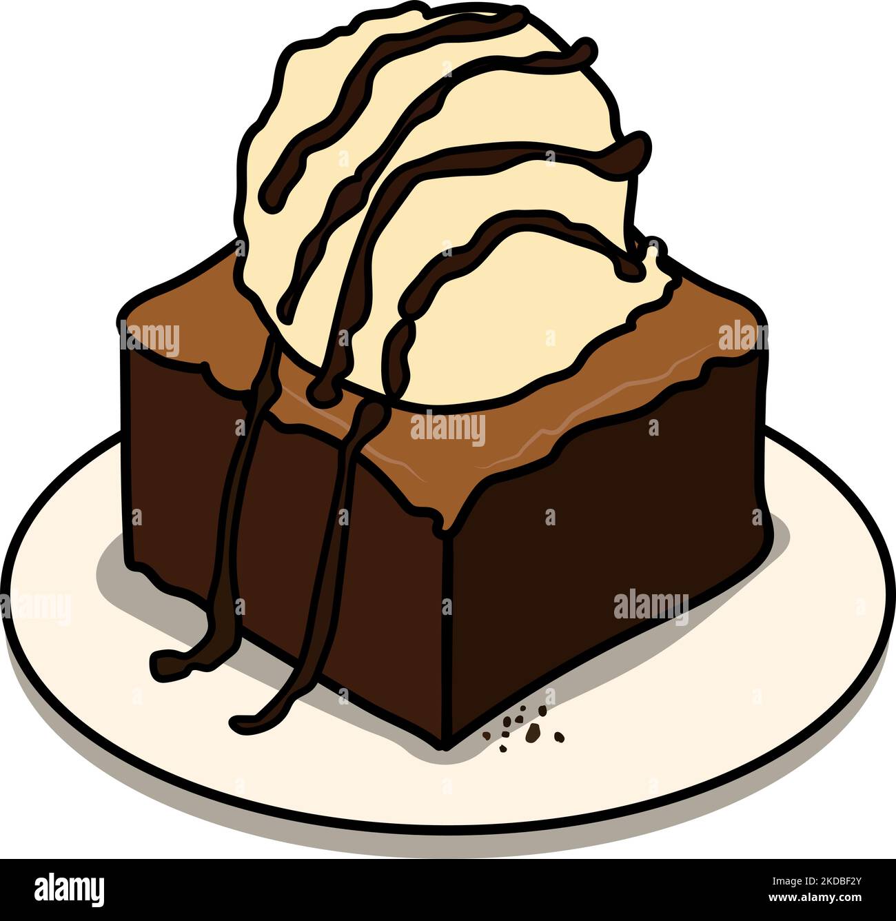 A vector illustration of a cute cartoon brownie cake with ice cream