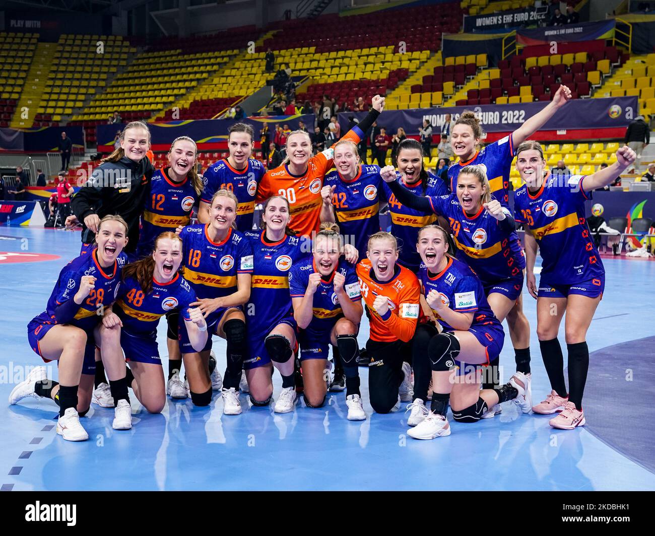 SKOPJE, NORTH MACEDONIA - NOVEMBER 5: Claudia Rompen of the Netherlands, Laura van der Heijden of the Netherlands, Debbie Bont of the Netherlands, Pipy Wolfs of the Netherlands, Bo van Wetering of the Netherlands, Kim Molenaar of the Netherlands, Kelly Dulfer of the Netherlands, Merel Freriks of the Netherlands, Inger Smits of the Netherlands, Zoe Sprengers of the Netherlands, Angela Malestein of the Netherlands, Nikita van der Vliet of the Netherlands, Rinka Duijndam of the Netherlands, Kelly Vollebregt of the Netherlands, Yara ten Holte of the Netherlands, Harma van Kreij of the Netherlands, Stock Photo