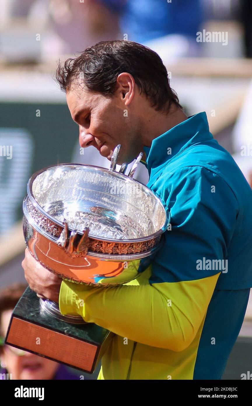 Spain's Rafael Nadal celebrating with The Mousquetaires Cup (The