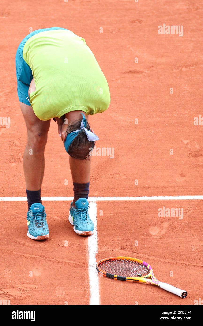Spain's Rafael Nadal reacts after the match point as he wons against Norway's Casper Ruud on the final tennis match at the Philippe Chatrier court on Day 15 of The Roland Garros 2022 French Open tennis tournament. (Photo by Ibrahim Ezzat/NurPhoto) Stock Photo