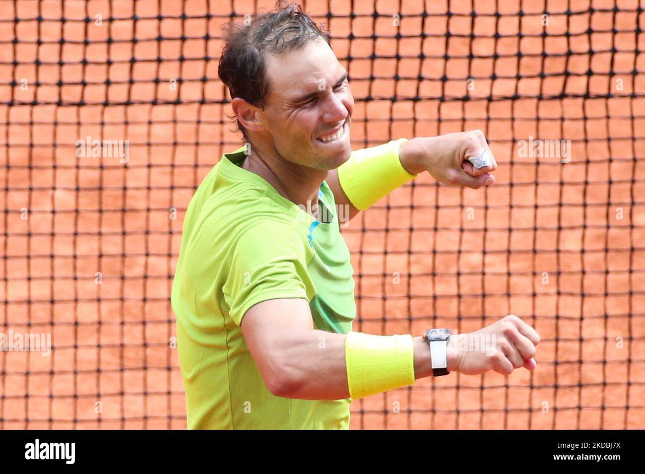Spain's Rafael Nadal reacts after the match point as he wons against Norway's Casper Ruud on the final tennis match at the Philippe Chatrier court on Day 15 of The Roland Garros 2022 French Open tennis tournament. (Photo by Ibrahim Ezzat/NurPhoto) Stock Photo