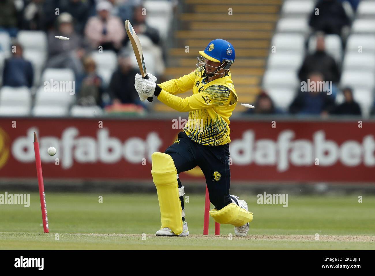 Scott Borthwick of Durham is bowled during the Vitality T20 Blast match between Durham County Cricket Club and Northamptonshire County Cricket Club at the Seat Unique Riverside, Chester le Street on Sunday 5th June 2022.(Photo by Will Matthews /MI News/NurPhoto) Stock Photo