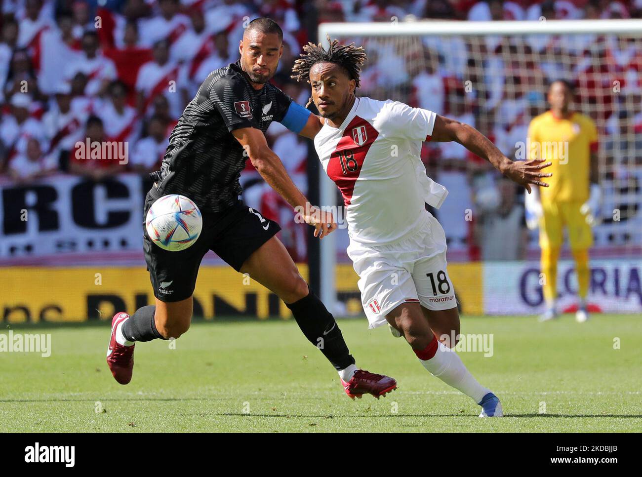 Andre Carrillo and Winston Reid during the friendly match between Peru and New Zeland, played at the RCDE Stadium, in Barcelona, on 05th June 2022. (Photo by Joan Valls/Urbanandsport /NurPhoto) Stock Photo