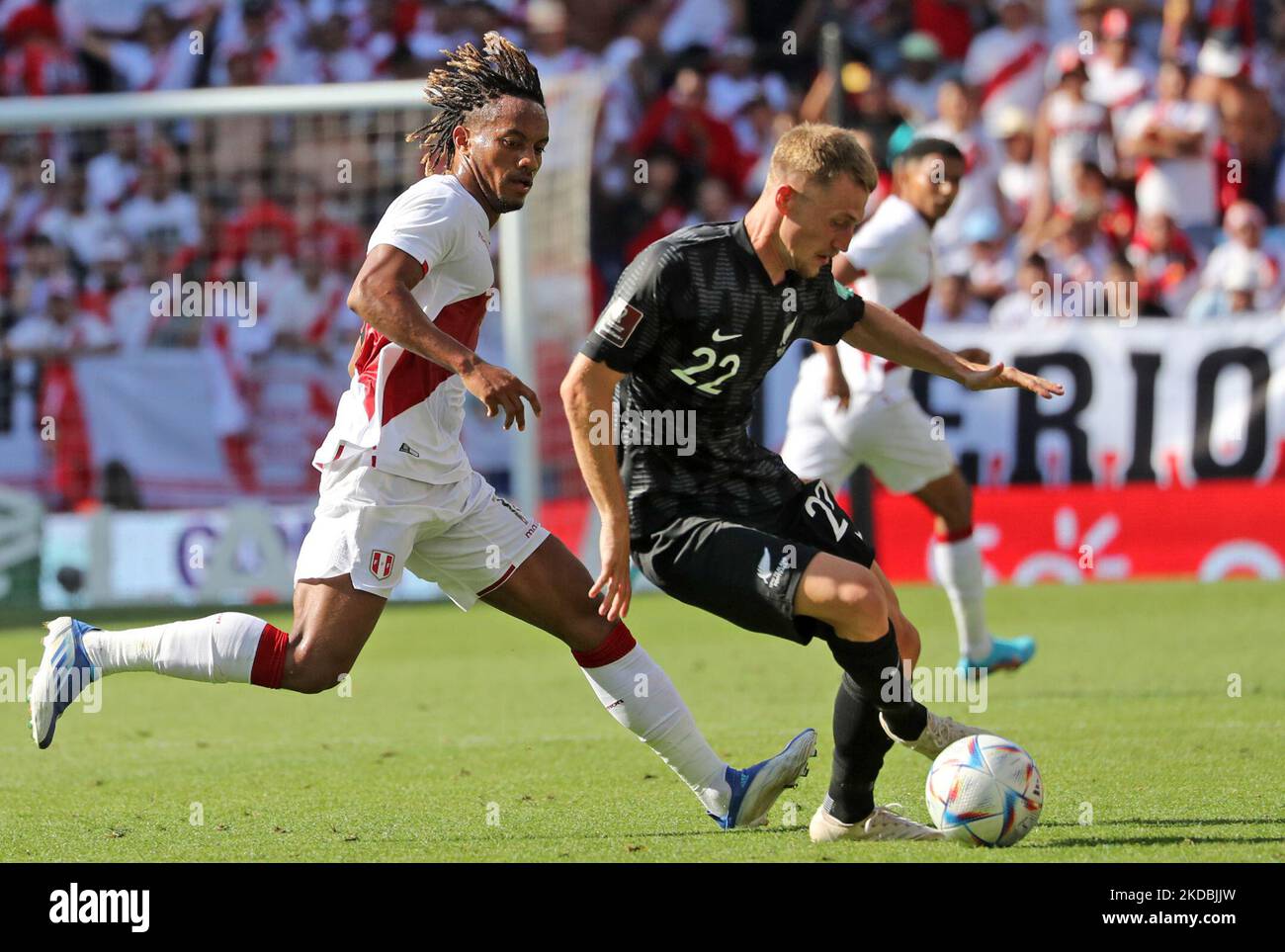 Andre Carrillo and Niko Kirwan during the friendly match between Peru and New Zeland, played at the RCDE Stadium, in Barcelona, on 05th June 2022. (Photo by Joan Valls/Urbanandsport /NurPhoto) Stock Photo