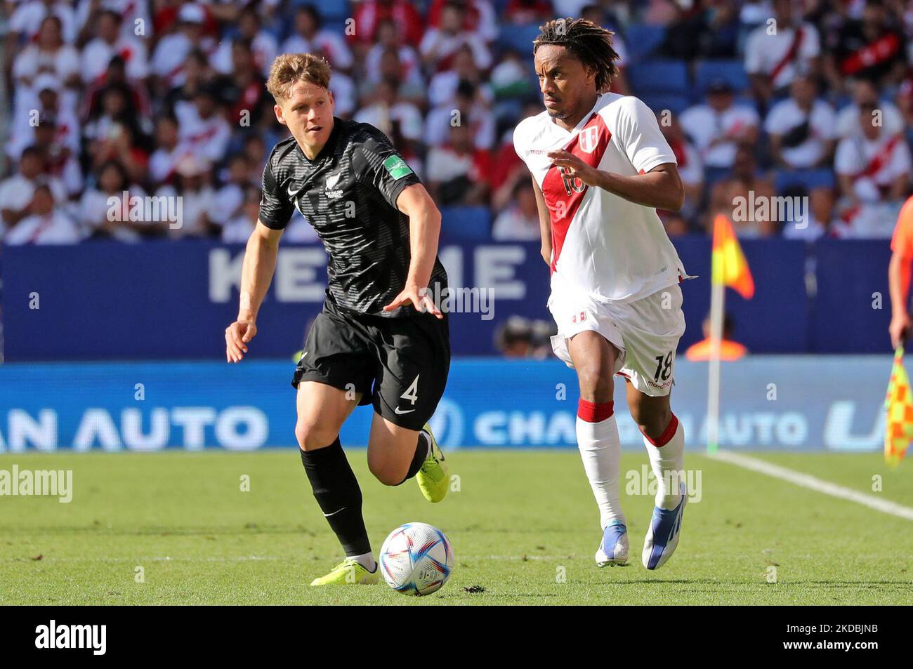 Nando Pijnaker and Andre Carrillo during the friendly match between Peru and New Zeland, played at the RCDE Stadium, in Barcelona, on 05th June 2022. (Photo by Joan Valls/Urbanandsport /NurPhoto) Stock Photo