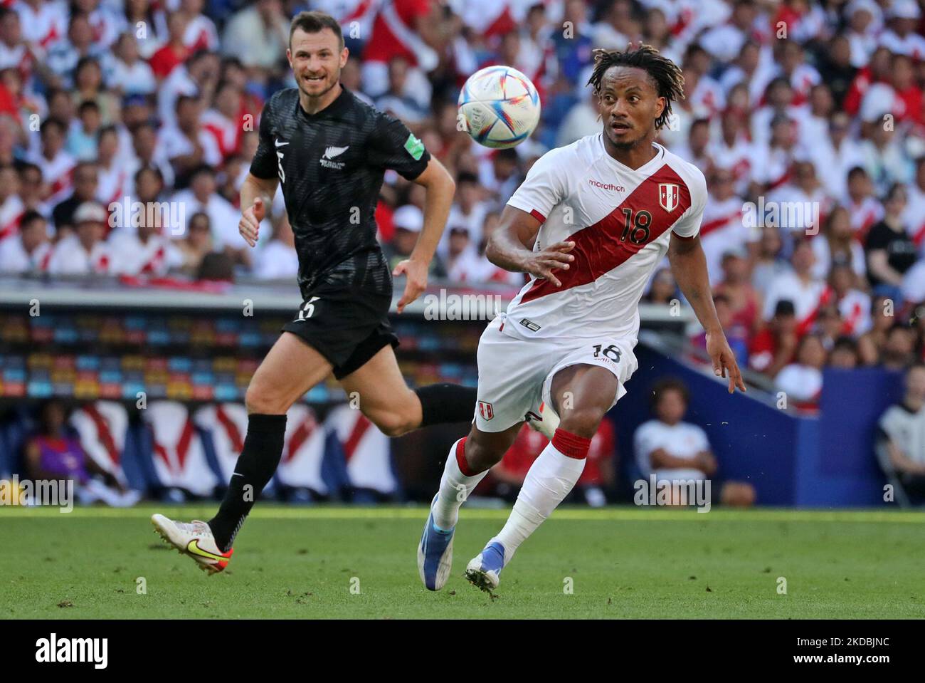 Andre Carrillo during the friendly match between Peru and New Zeland, played at the RCDE Stadium, in Barcelona, on 05th June 2022. (Photo by Joan Valls/Urbanandsport /NurPhoto) Stock Photo