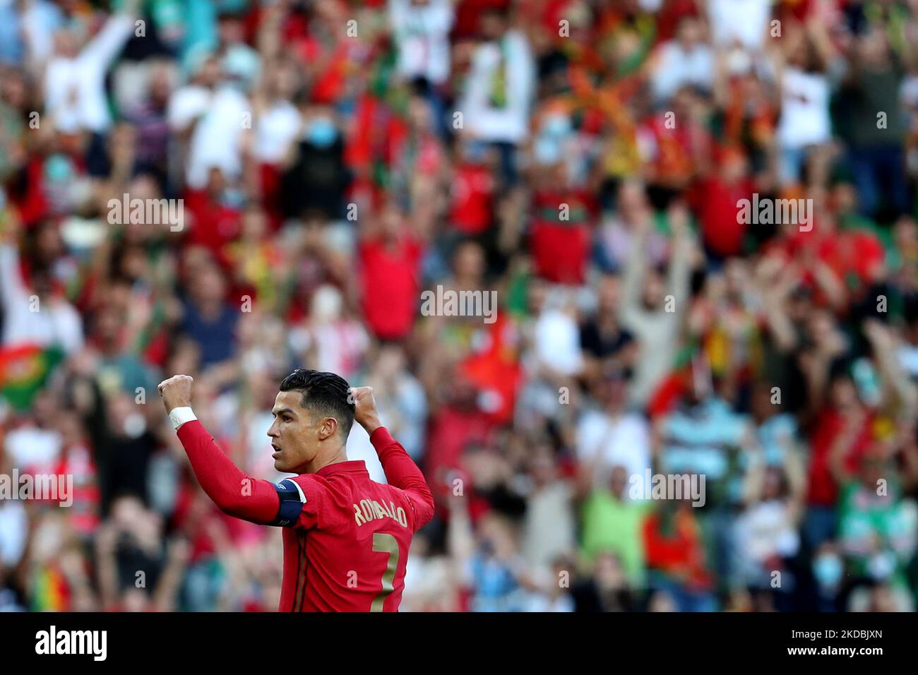 Cristiano Ronaldo of Portugal celebrates after William Carvalho scores a goal during the UEFA Nations League, league A group 2 match between Portugal and Switzerland at the Jose Alvalade stadium in Lisbon, Portugal, on June 5, 2022. (Photo by Pedro FiÃºza/NurPhoto) Stock Photo