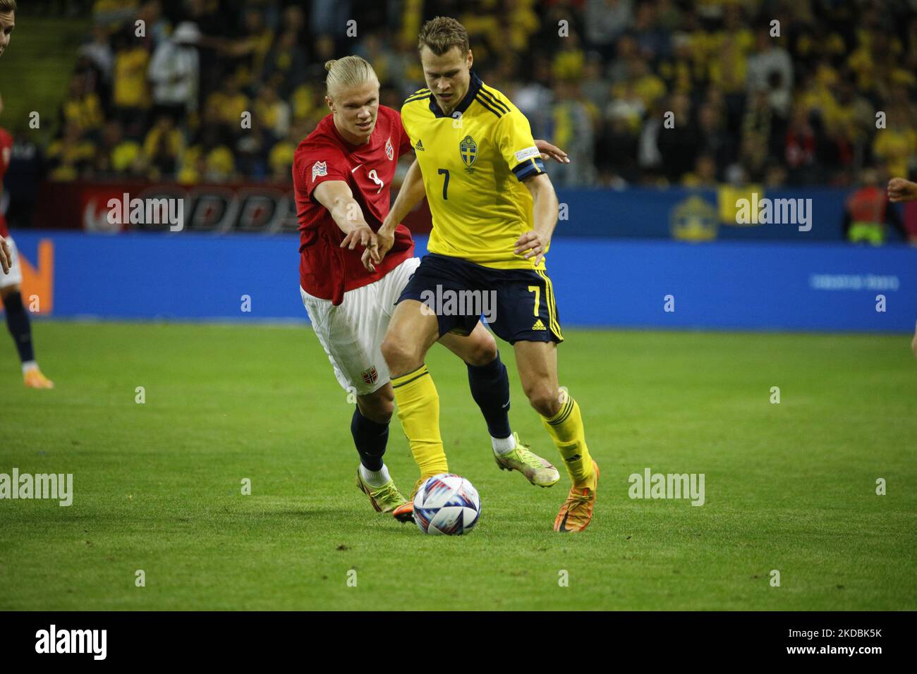 Sweden's Viktor Claesson (R) and Norway’s Erling Haaland (L)during Sunday's football match in the Nations League, division B, group 4, between Sweden and Norway at the Stadium Friends Arena in Solna. (Photo by Reinaldo Ubilla/NurPhoto) Stock Photo