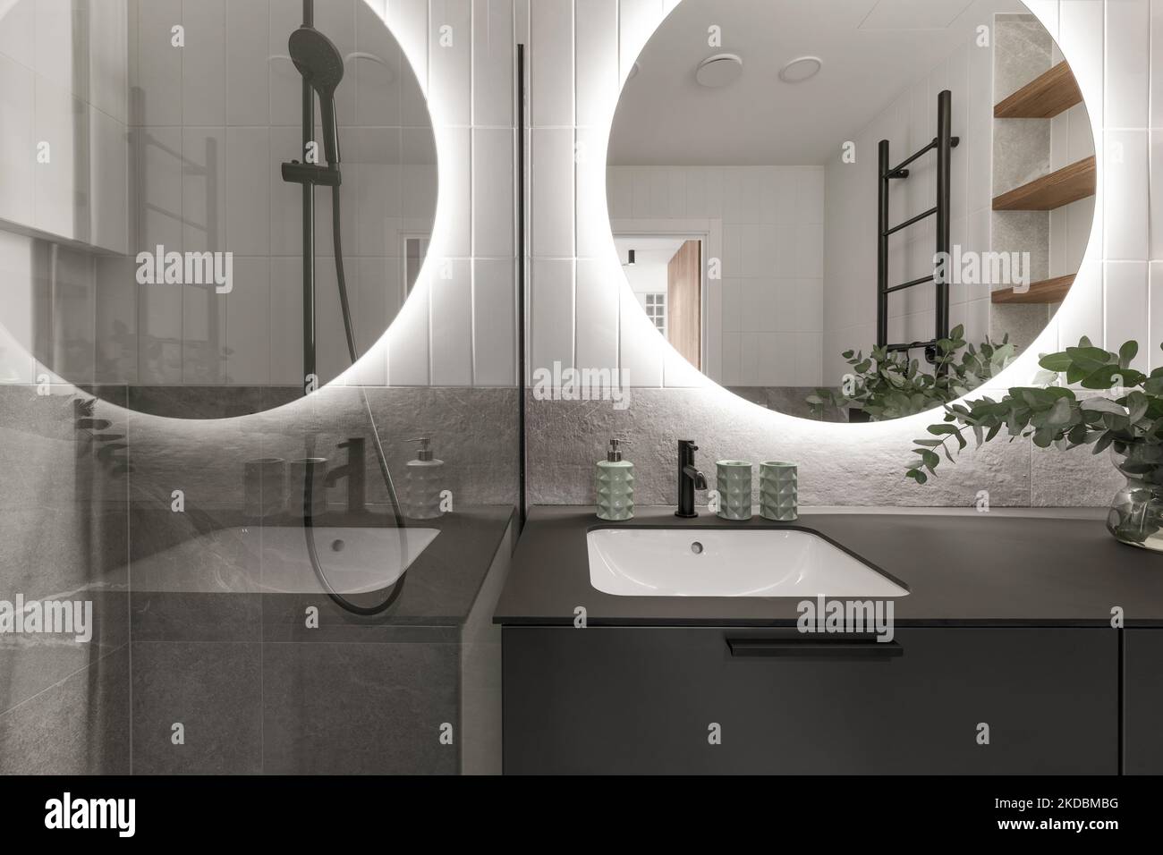 Modern minimalistic bathroom interior design with grey stone tiles ...