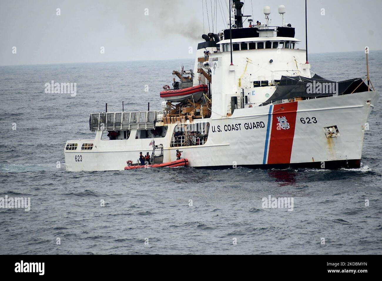 Coast Guard Cutter Active (WMEC 618) crewmembers aboard the cutter’s 26-foot Small Boat pull alongside the Coast Guard Cutter Steadfast (WMEC 623) to transfer parts and provisions while the cutters patrol the Eastern Pacific Ocean, Sept. 20, 2022. Active’s crew returned to their homeport Saturday after a 65-day patrol in international waters of the Eastern Pacific Ocean near Central and South America. U.S. Coast Guard photo by Chief Petty Officer Shane Sexton. Stock Photo