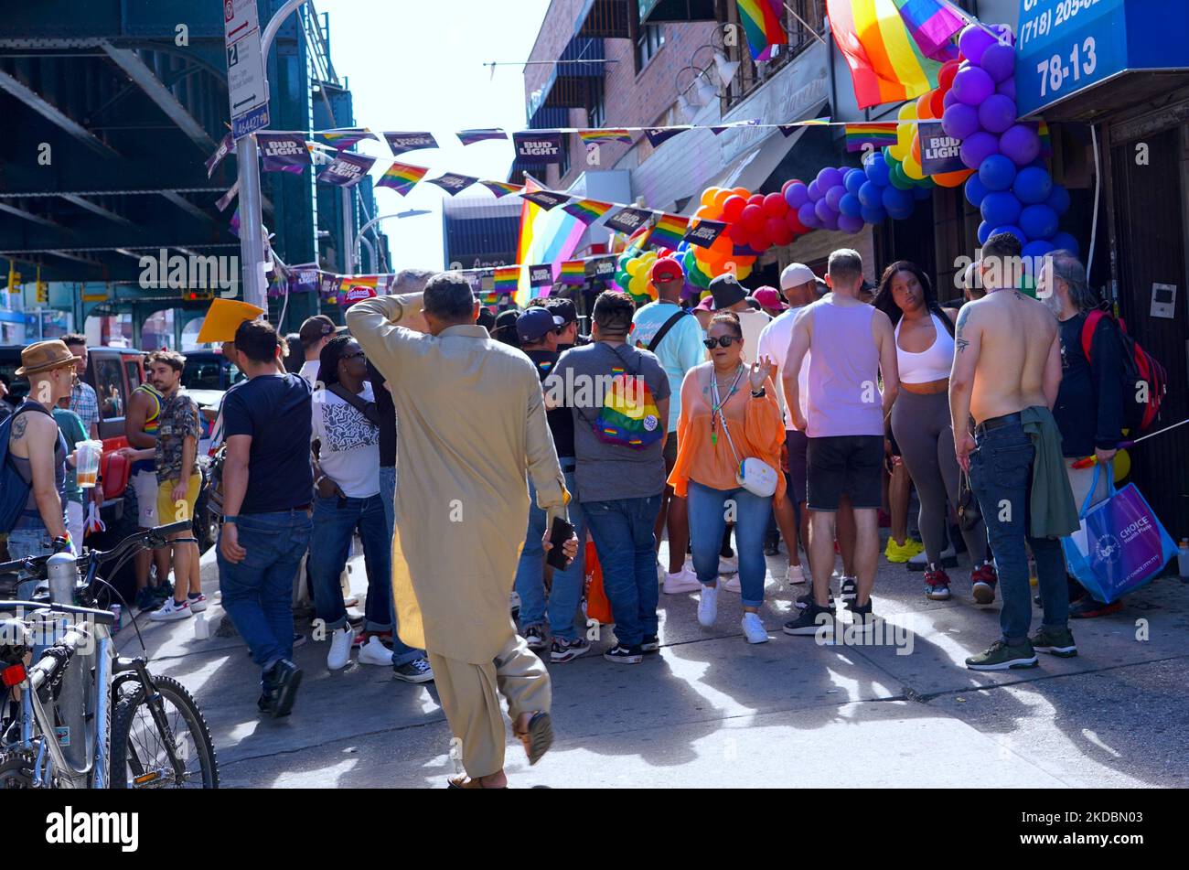 After a two-year absence due to the pandemic, the Queens Pride Parade turned to Jackson Heights, in Queens on Sunday June 5, 2022 and thousdans of a joyful crowd and elected officials attended 30th anniversary of the parade. (Photo by Selcuk Acar/NurPhoto) Stock Photo