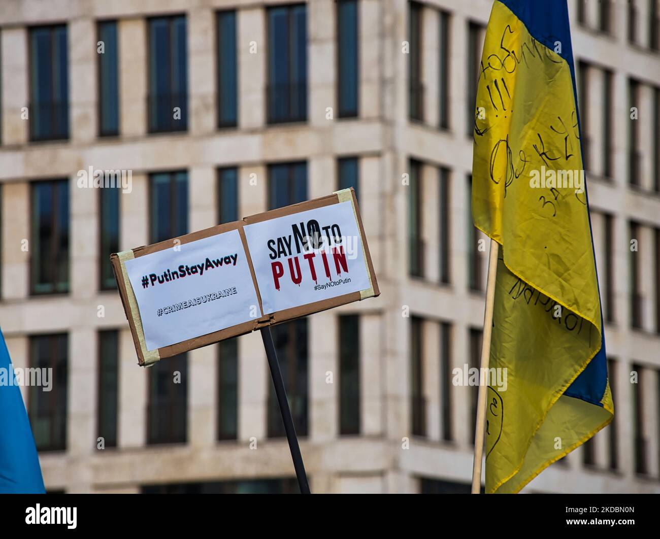 Ukraine Demonstration in Pariser Platz, Berlin with the sign 'Putin stay away' Stock Photo