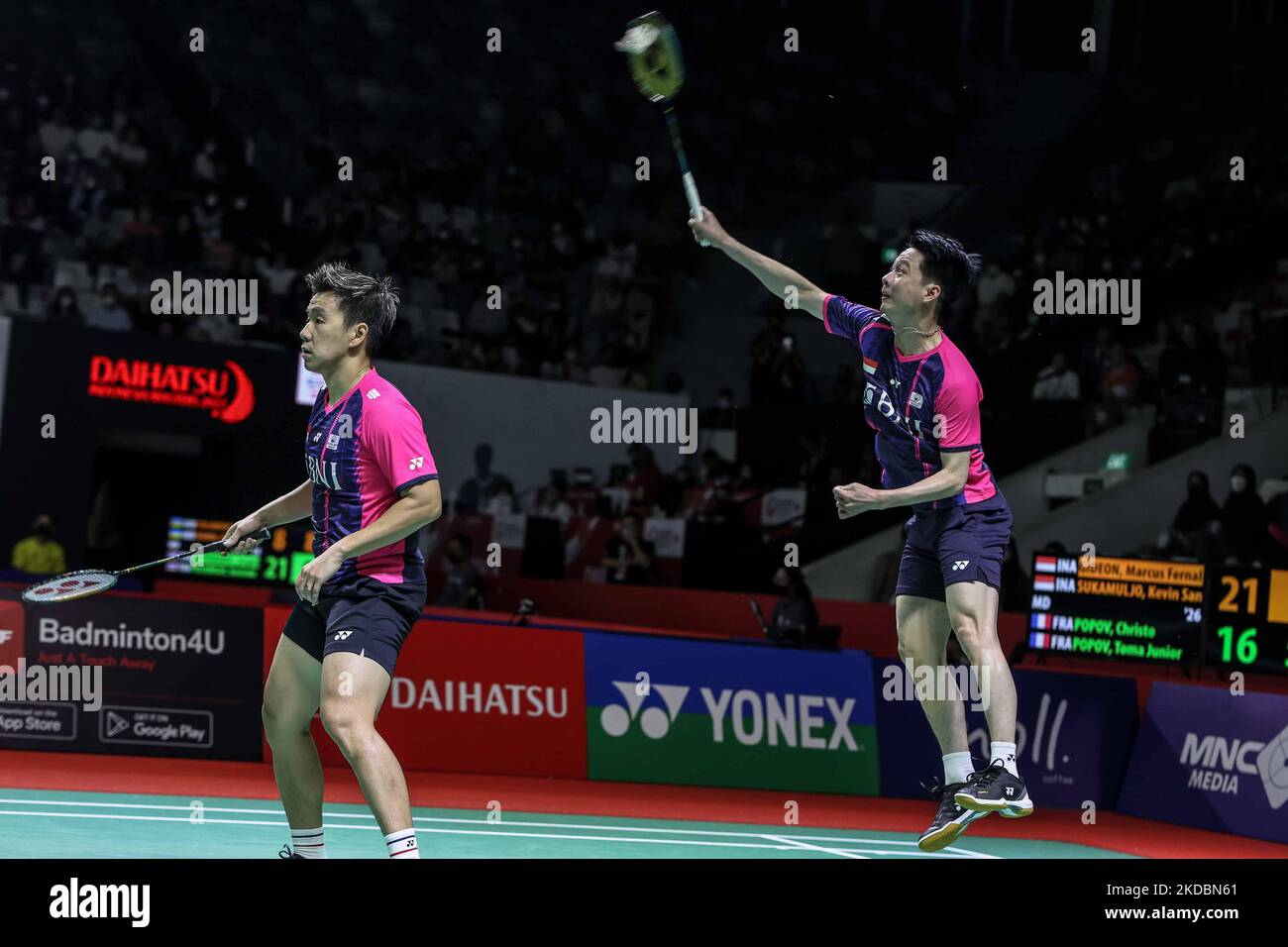 Marcus Fernaldi Gideon and Kevin Sanjaya Sukamuljo of Indonesia compete ...