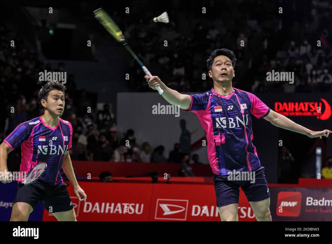 Marcus Fernaldi Gideon and Kevin Sanjaya Sukamuljo of Indonesia compete ...