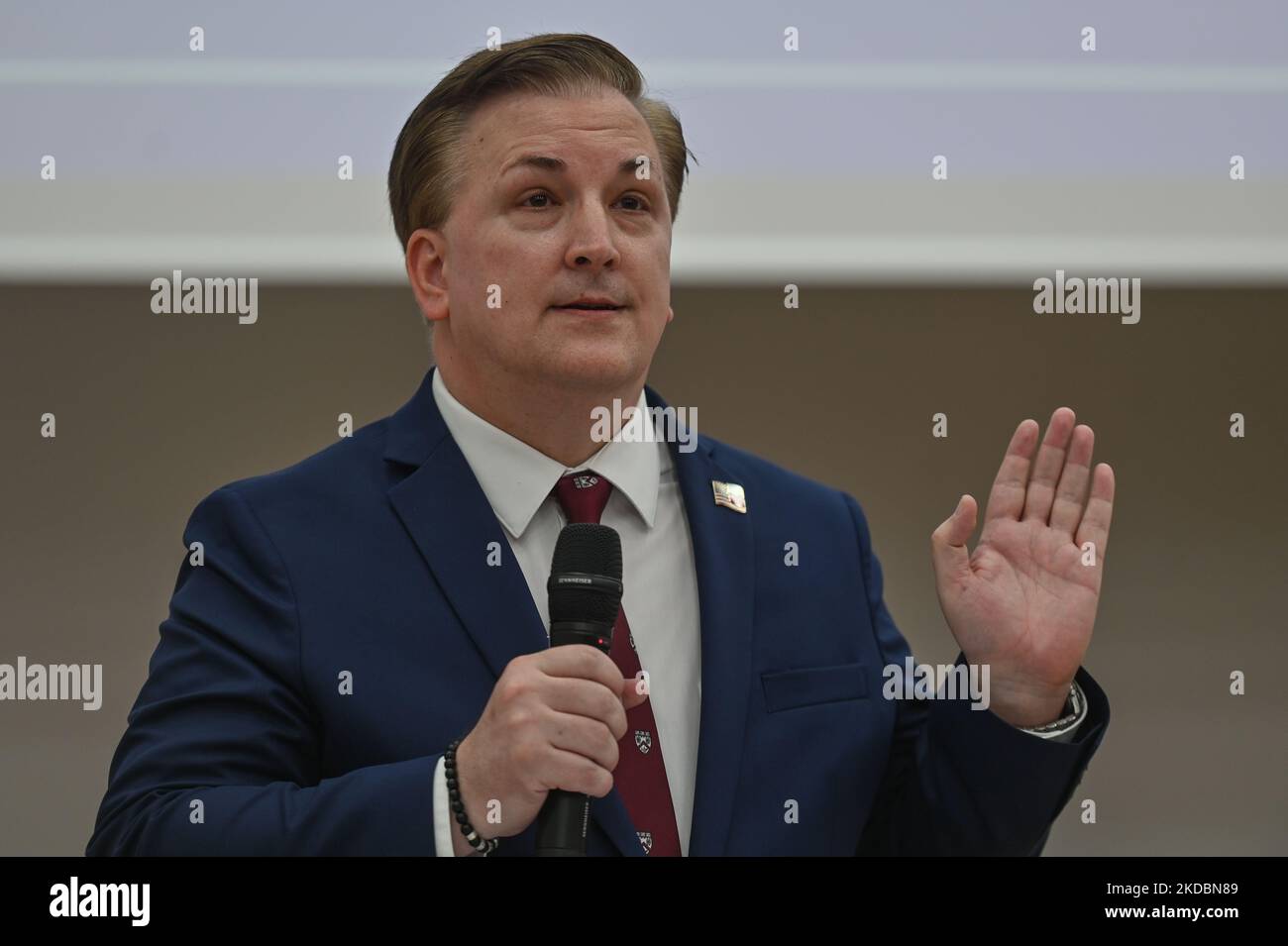 The U.S. Consul General in Krakow, Patrick T. Slowinski, addresses students of the Faculty of International and Political Studies at the Jagiellonian University in Krakow. On Tuesday, June 07, 2022, in Krakow, Poland. (Photo by Artur Widak/NurPhoto) Stock Photo