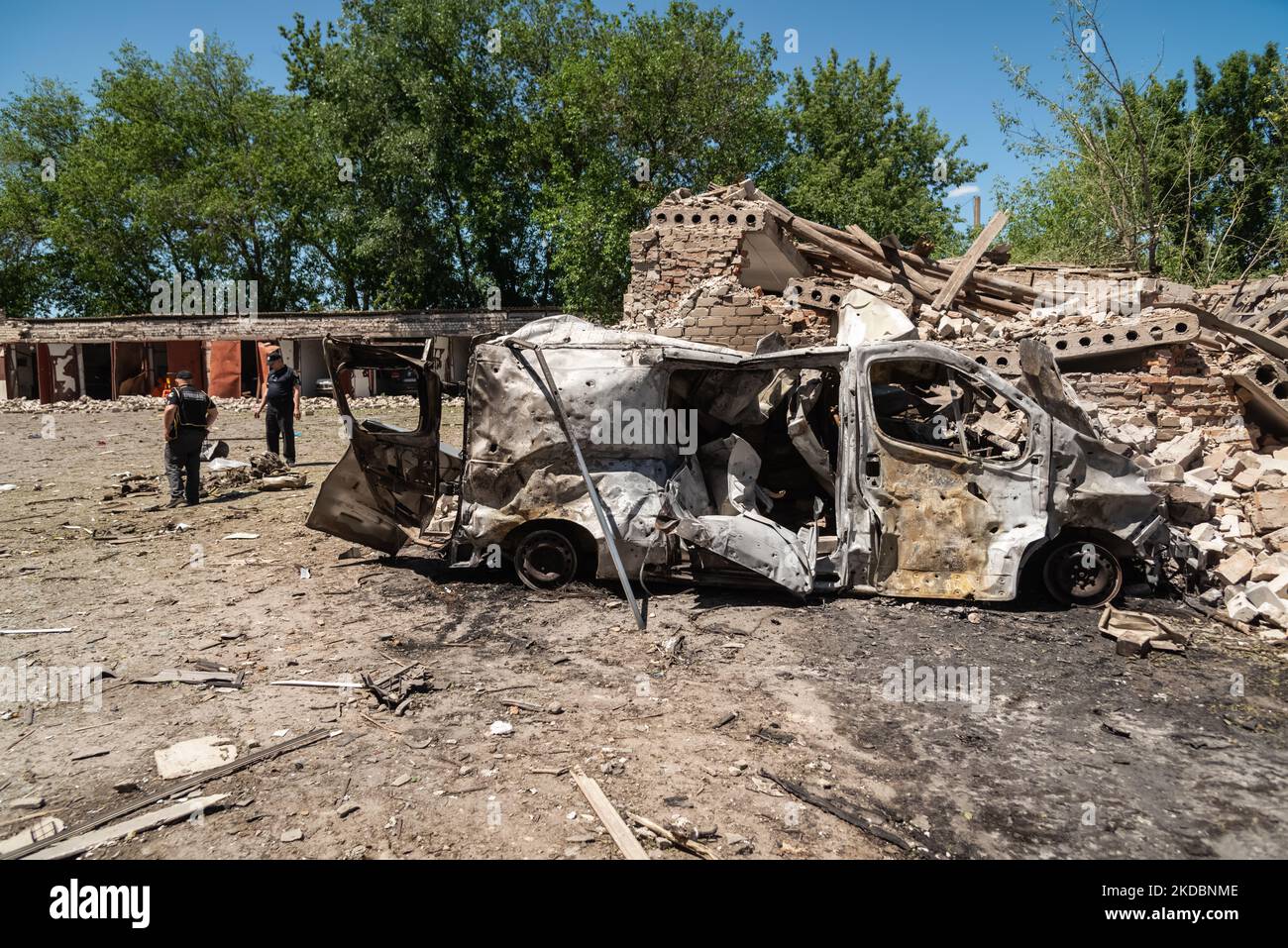 Destroyed van in the courtyard of the local administrative building
