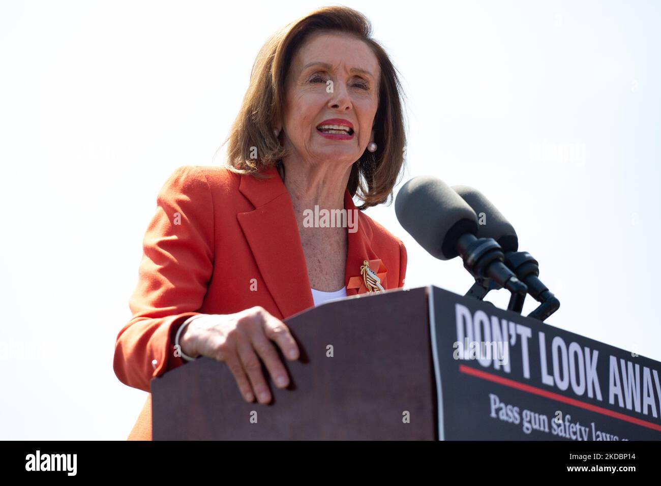 Speaker of the United States House of Representatives Nancy Pelosi speaks at a rally near the U.S. Capitol on June 8, 2022, calling for Congressional action on gun safety in the wake of continued mass shootings (Photo by Bryan Olin Dozier/NurPhoto) Stock Photo