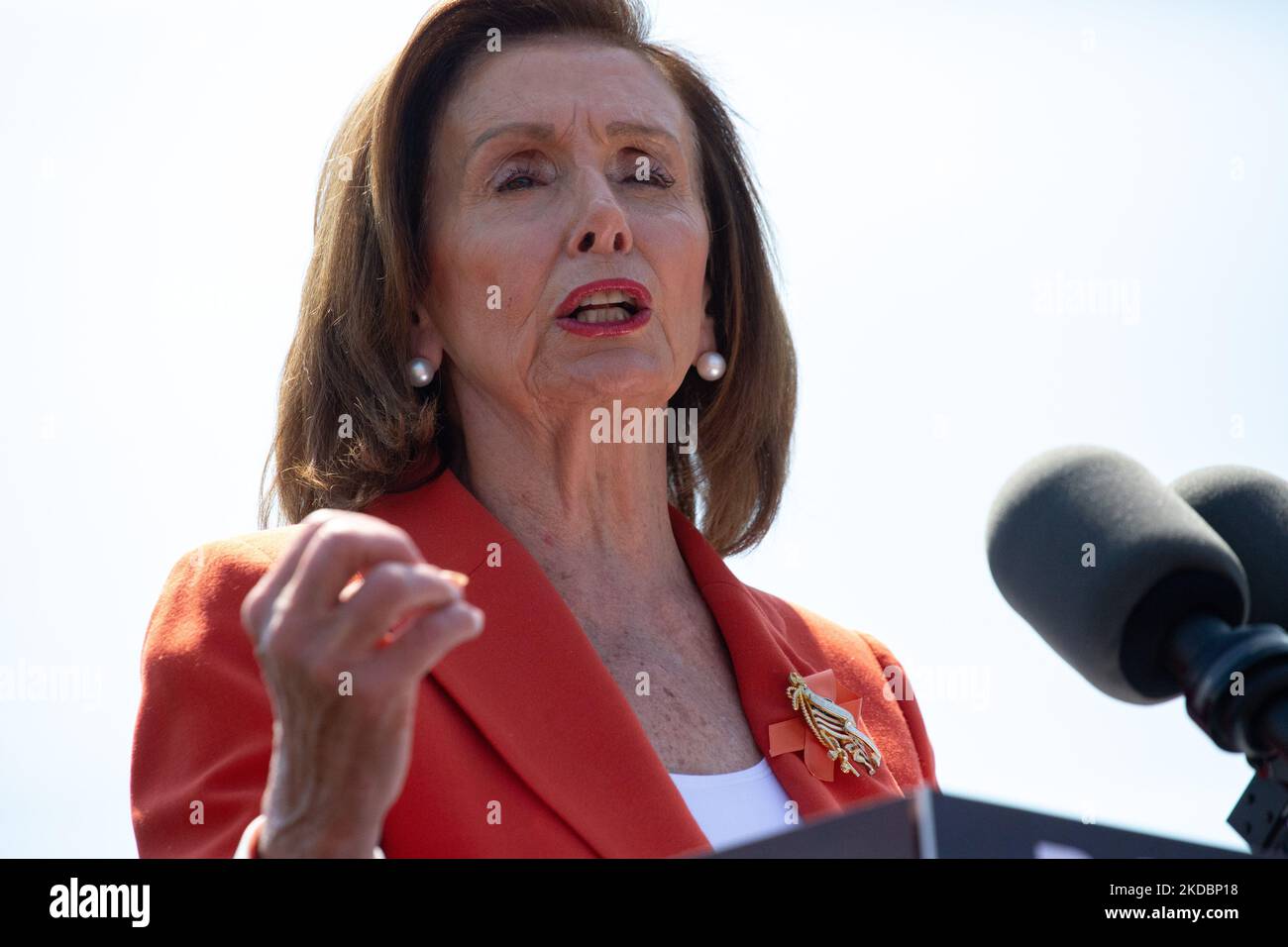Speaker of the United States House of Representatives Nancy Pelosi speaks at a rally near the U.S. Capitol on June 8, 2022, calling for Congressional action on gun safety in the wake of continued mass shootings (Photo by Bryan Olin Dozier/NurPhoto) Stock Photo